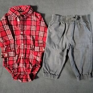 Boys red plaid‎ Carter's button up bodysuit and gray pants size 6-9 months